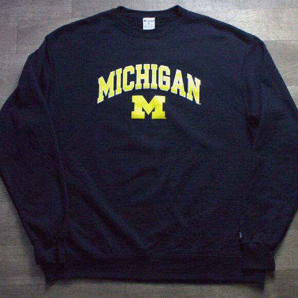 Michigan Wolverines Sweatshirt Men XL Blue Yellow Spell Out Fleece - Picture 2 of 5